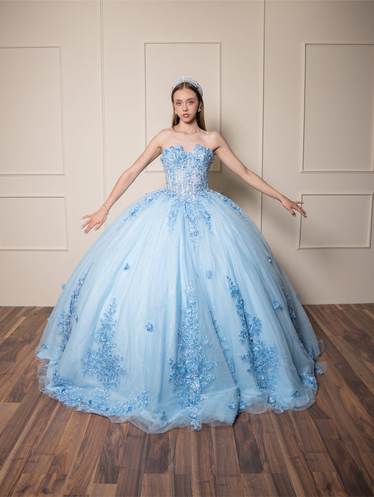 Vestido de XV Años Vestido Azul Cielo Lentejuela Tornasol Estraple