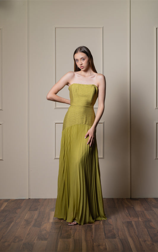 Vestido Verde Lima Corset Con Tablones En Falda