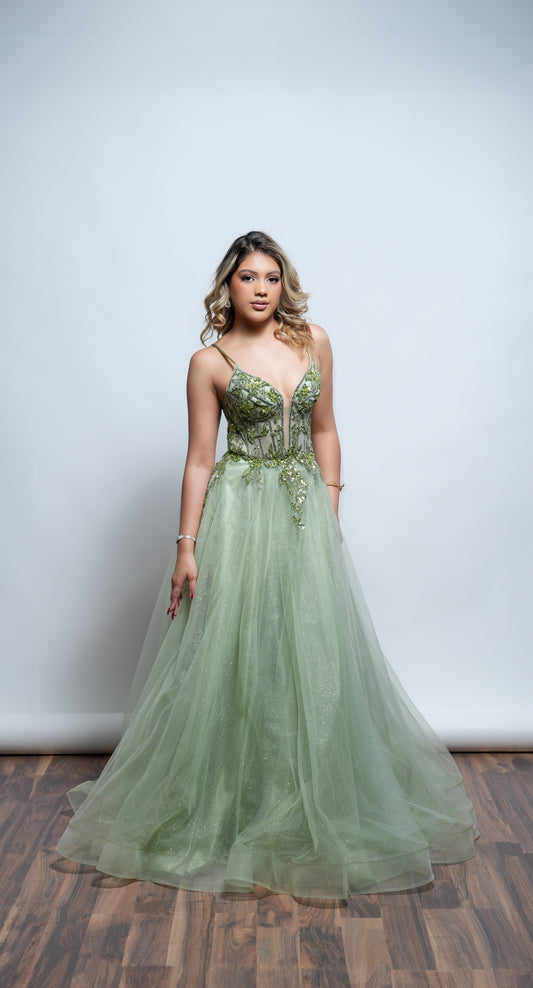 Vestido Verde Corte Princesa Corset con Tranparencia y Estampado
