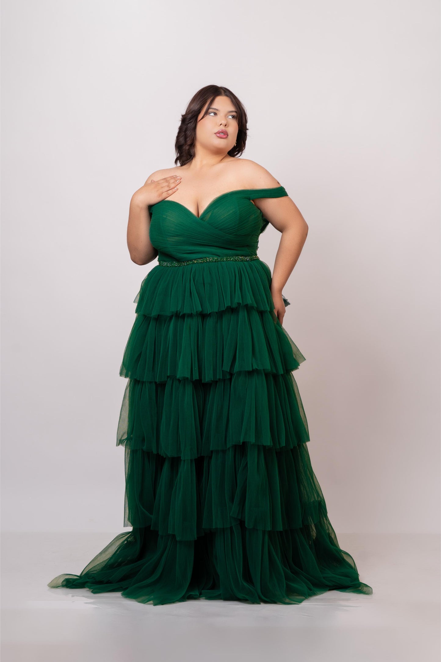 Vestido Verde Ampon Cinto De Brillos Manga Caida