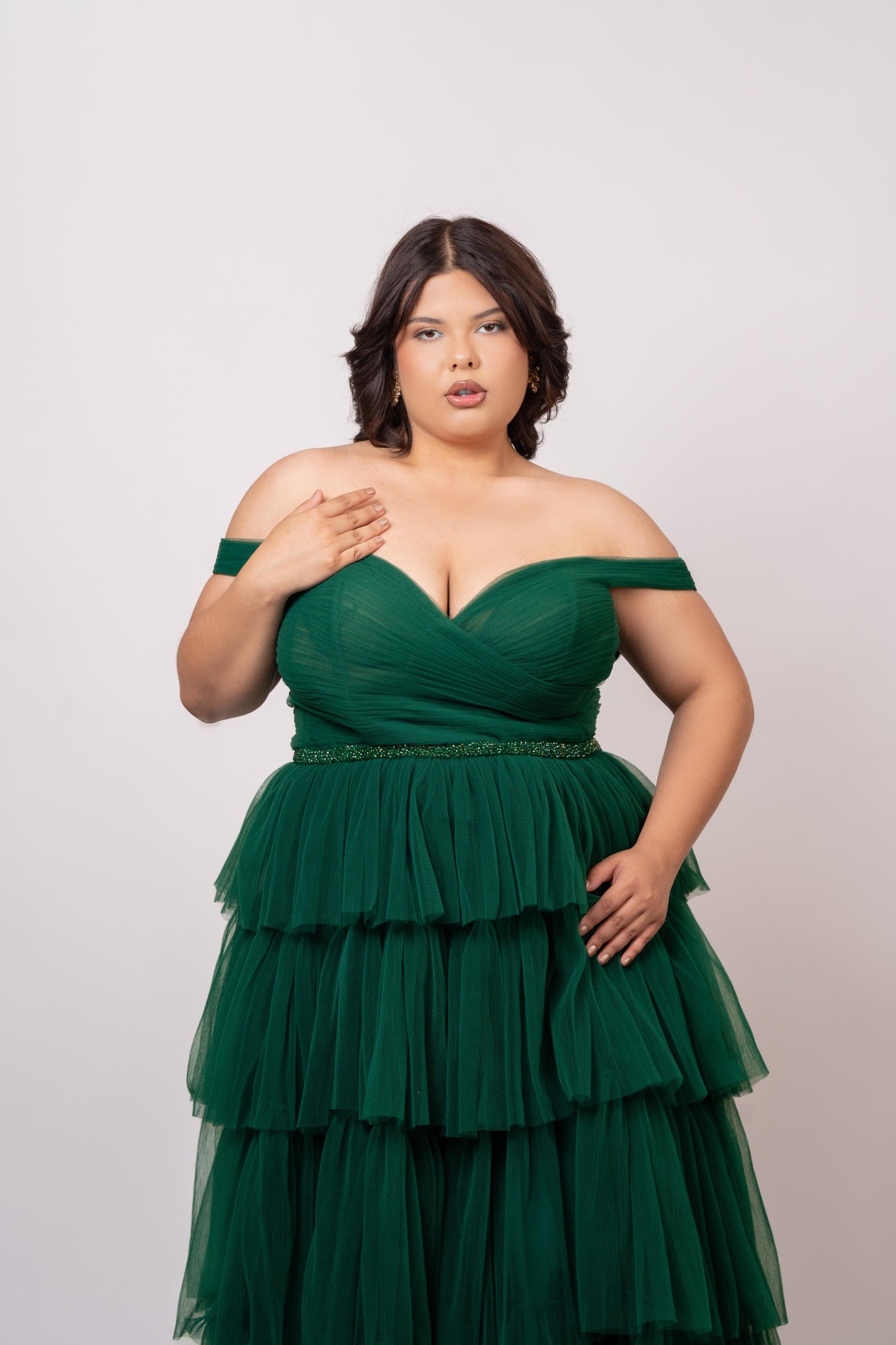 Vestido Verde Ampon Cinto De Brillos Manga Caida