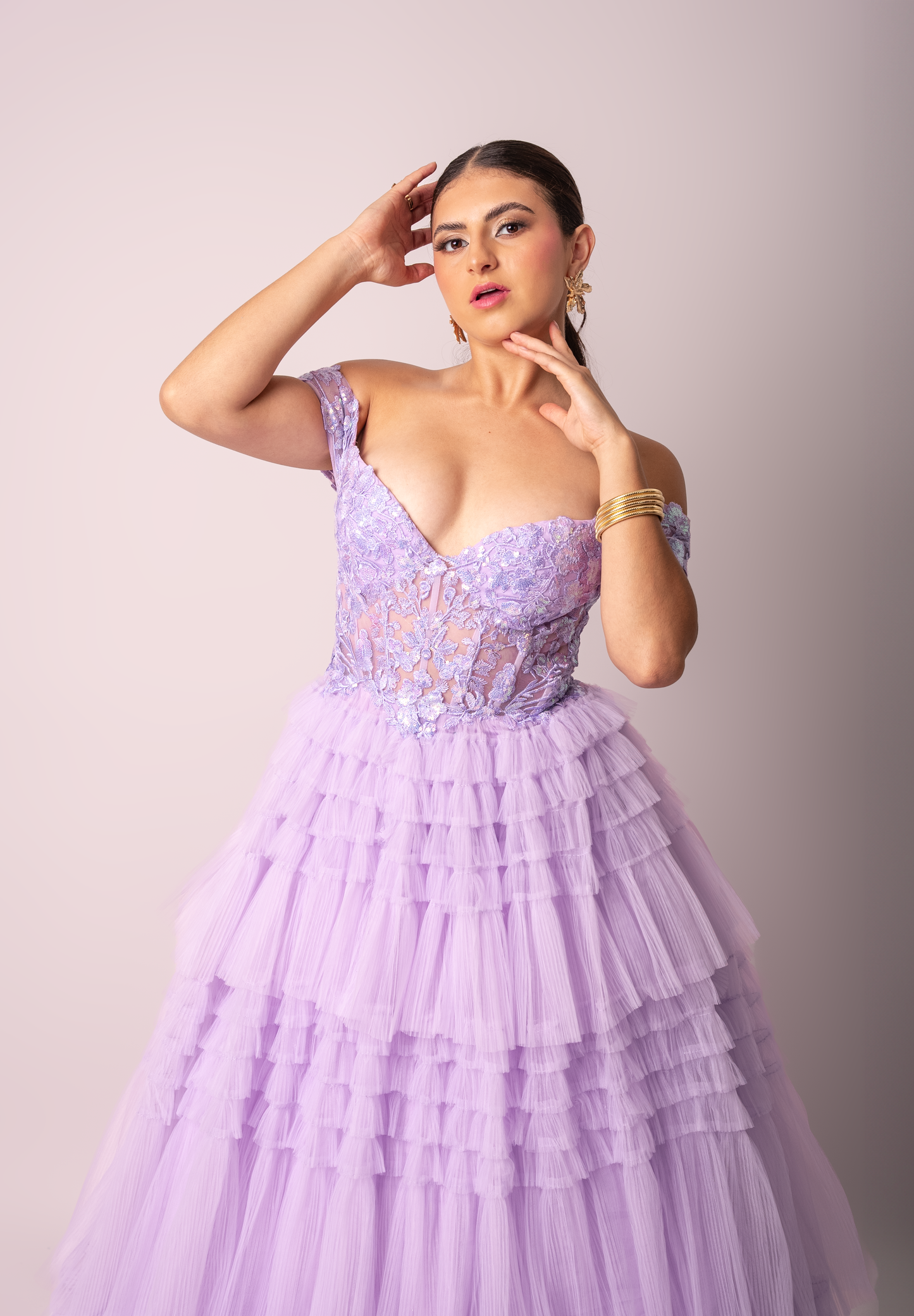 Vestido Pedreria En Corset Mangas Caidas Ampon