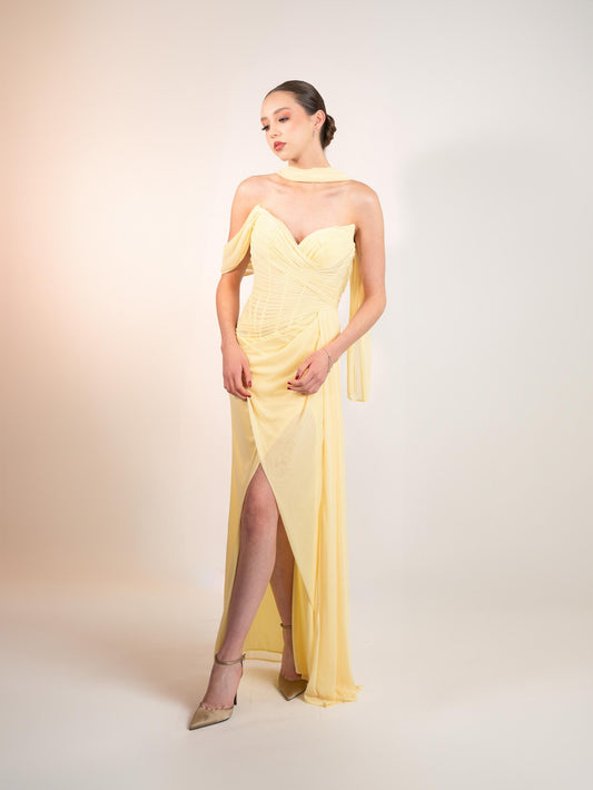 Amarillo Straple Manga Caida Corrugado Suelto