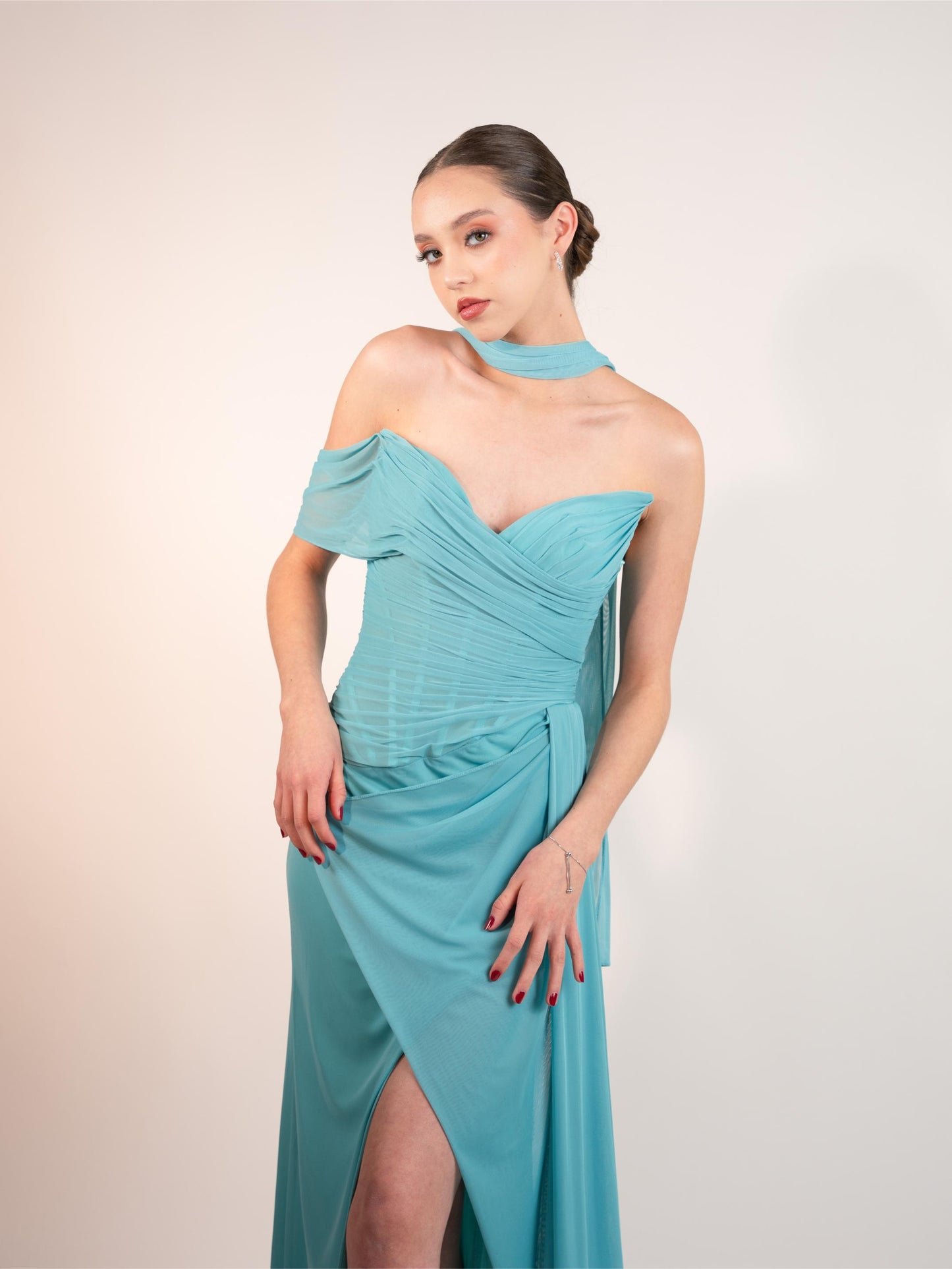 Azul Aqua Straple Manga Caida Corrugado Suelto