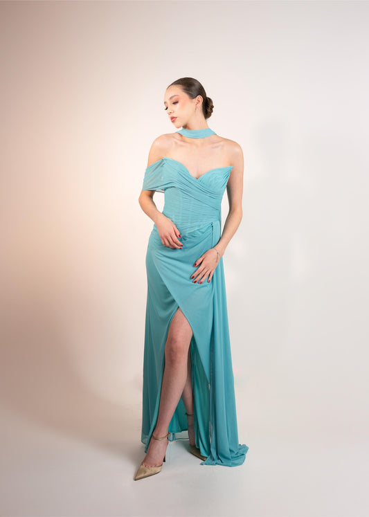 Azul Aqua Straple Manga Caida Corrugado Suelto