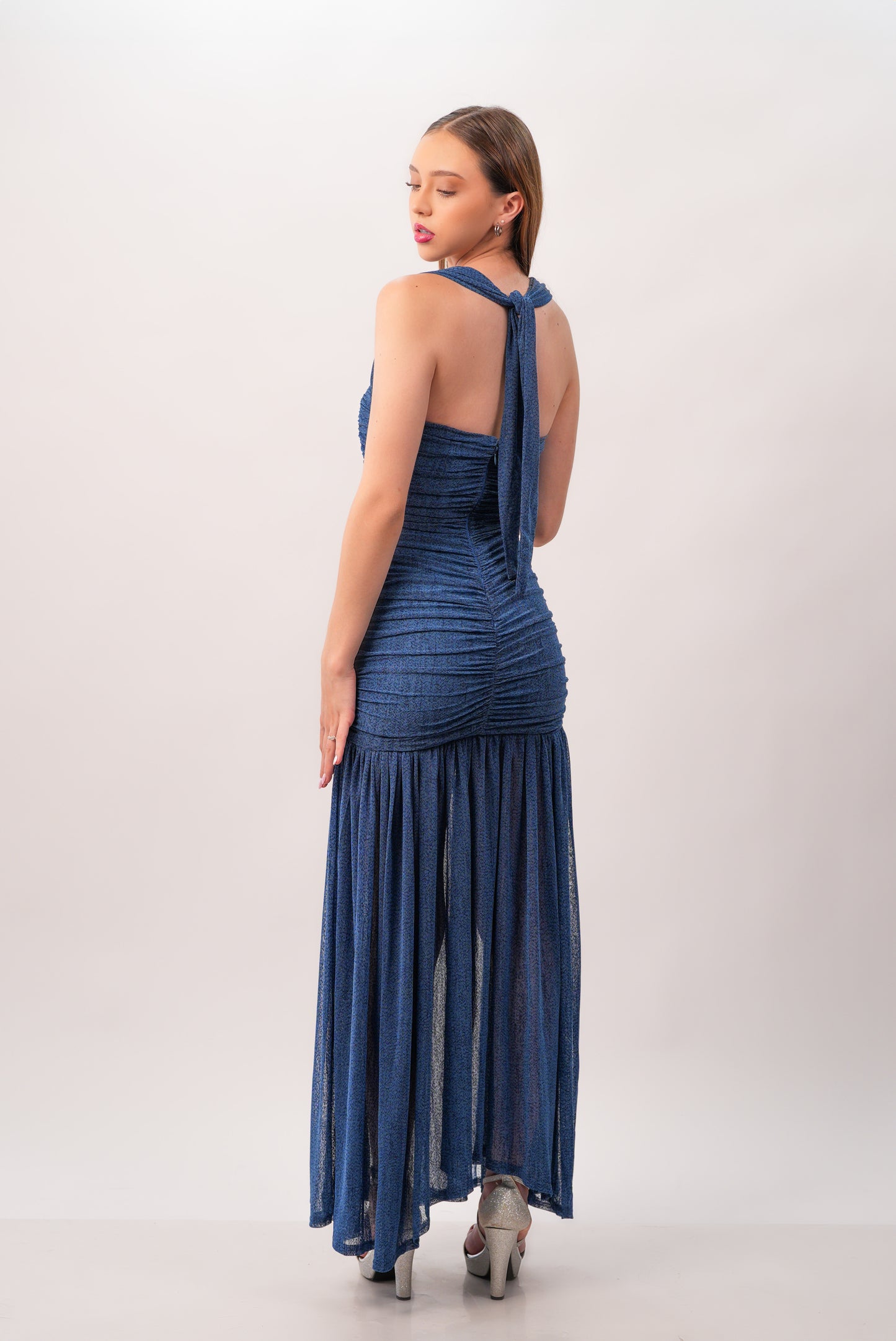 Vestido Azul Oscuro Corrugado Falda Lisa