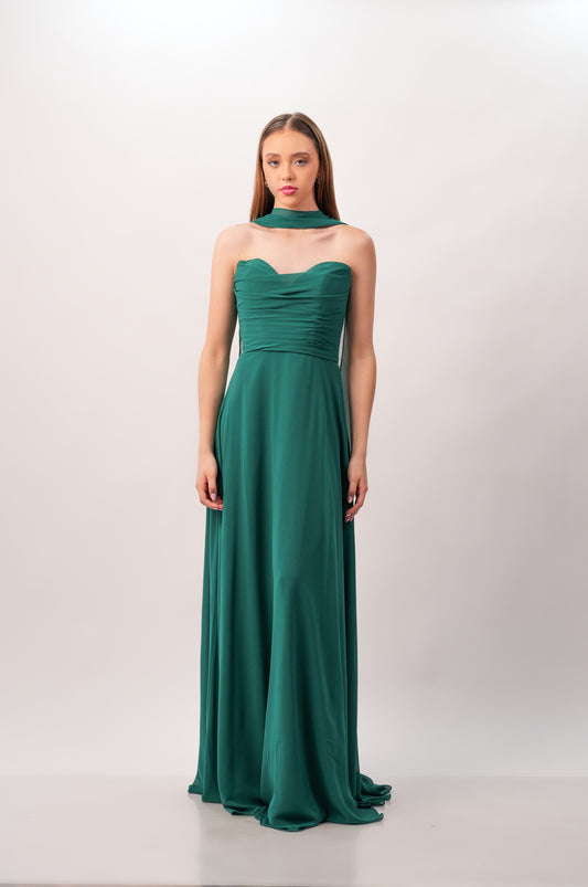 Vestido Verde Esmeralda Straple Corrugado Corte A