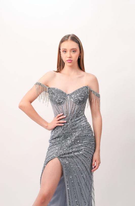 Vestido Smoky Blue Pedreria Straple Tirantes Caidos