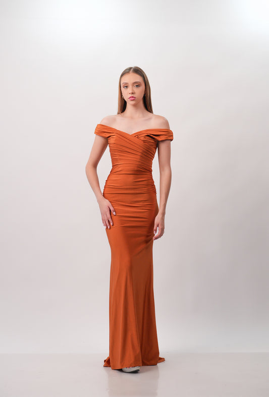 Vestido Cobre Manga En Hombro Corte Sirena
