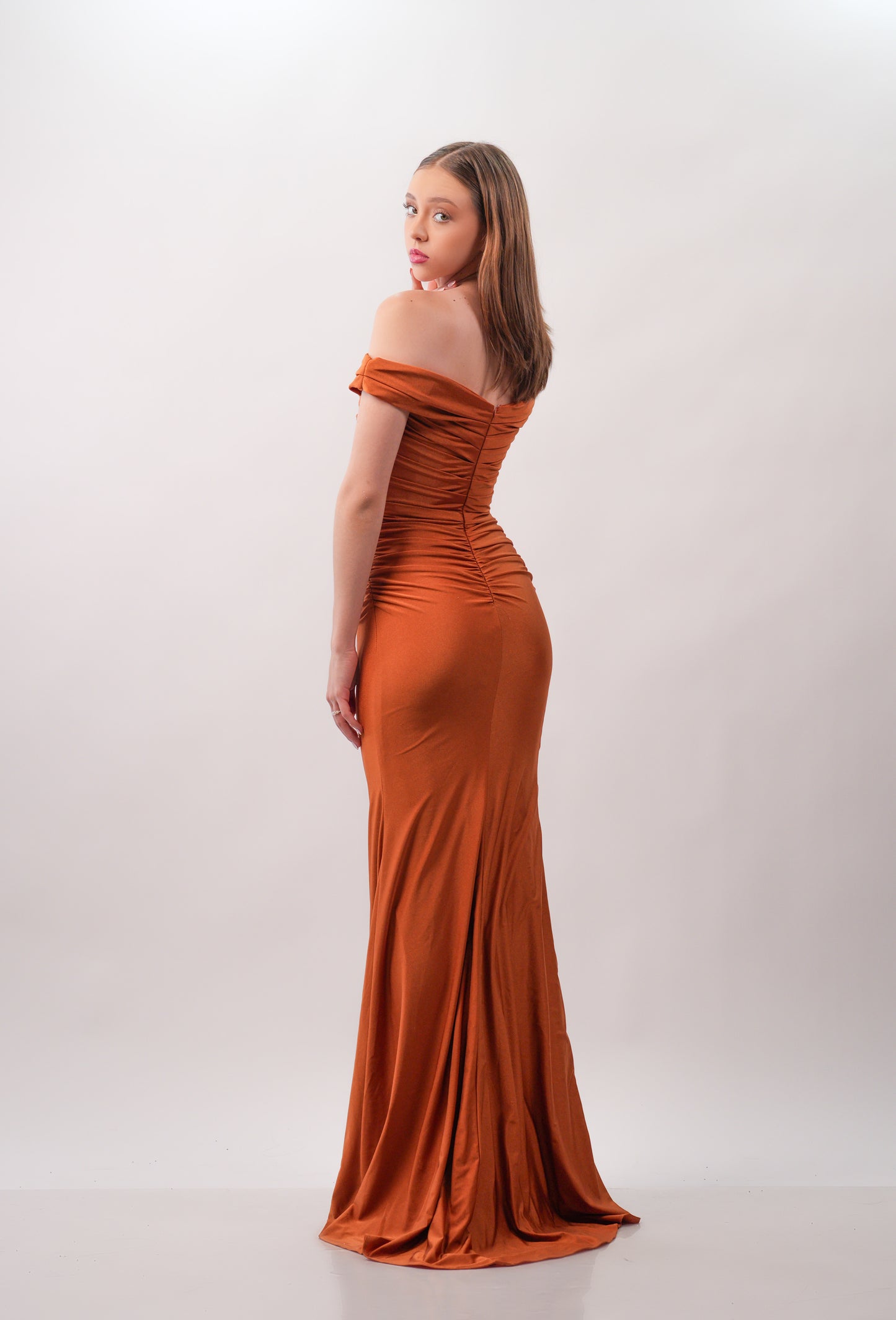 Vestido Cobre Manga En Hombro Corte Sirena