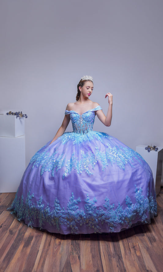 Vestido De XV Años Tornasol Lila y Azul con Glitter y Mangas Campesinas
