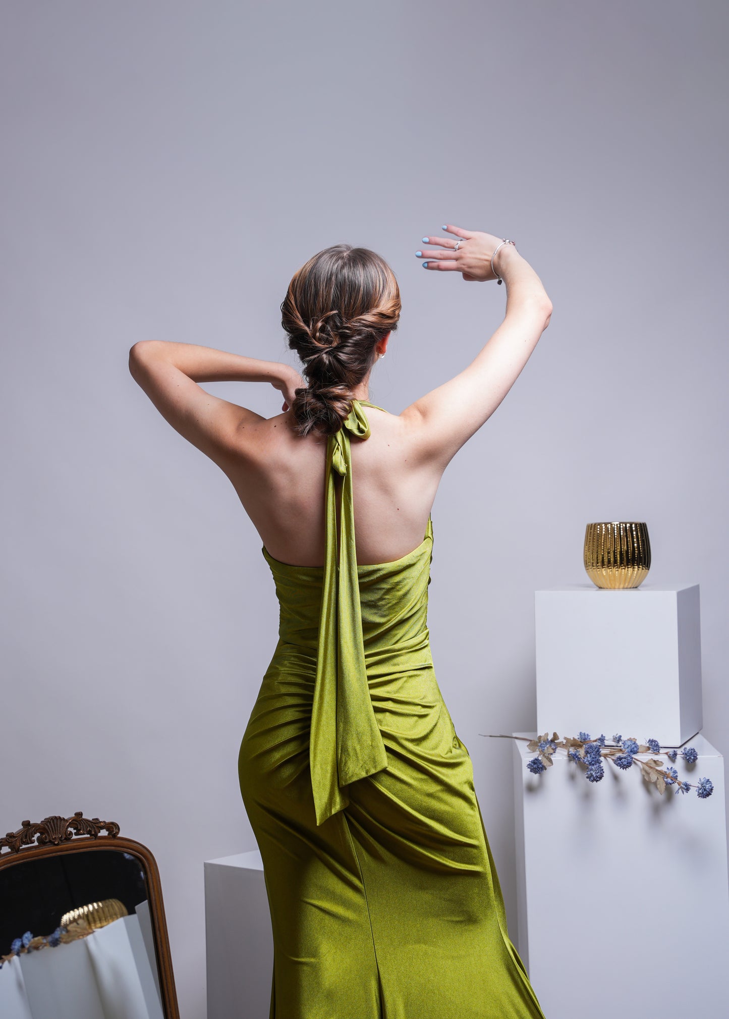 Vestido Verde Lima Corrugado Tirante En Cuello