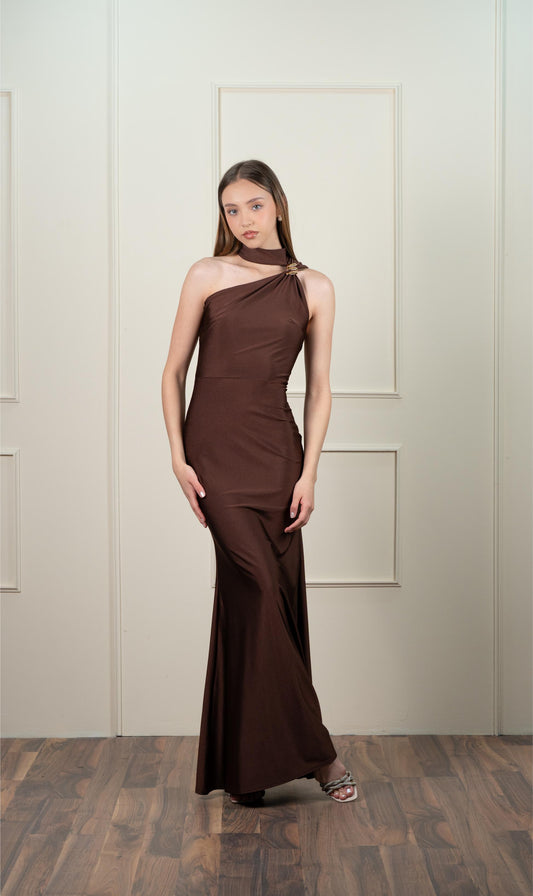 Vestido Cafe un Tirante Diseño Dorado en Tirante