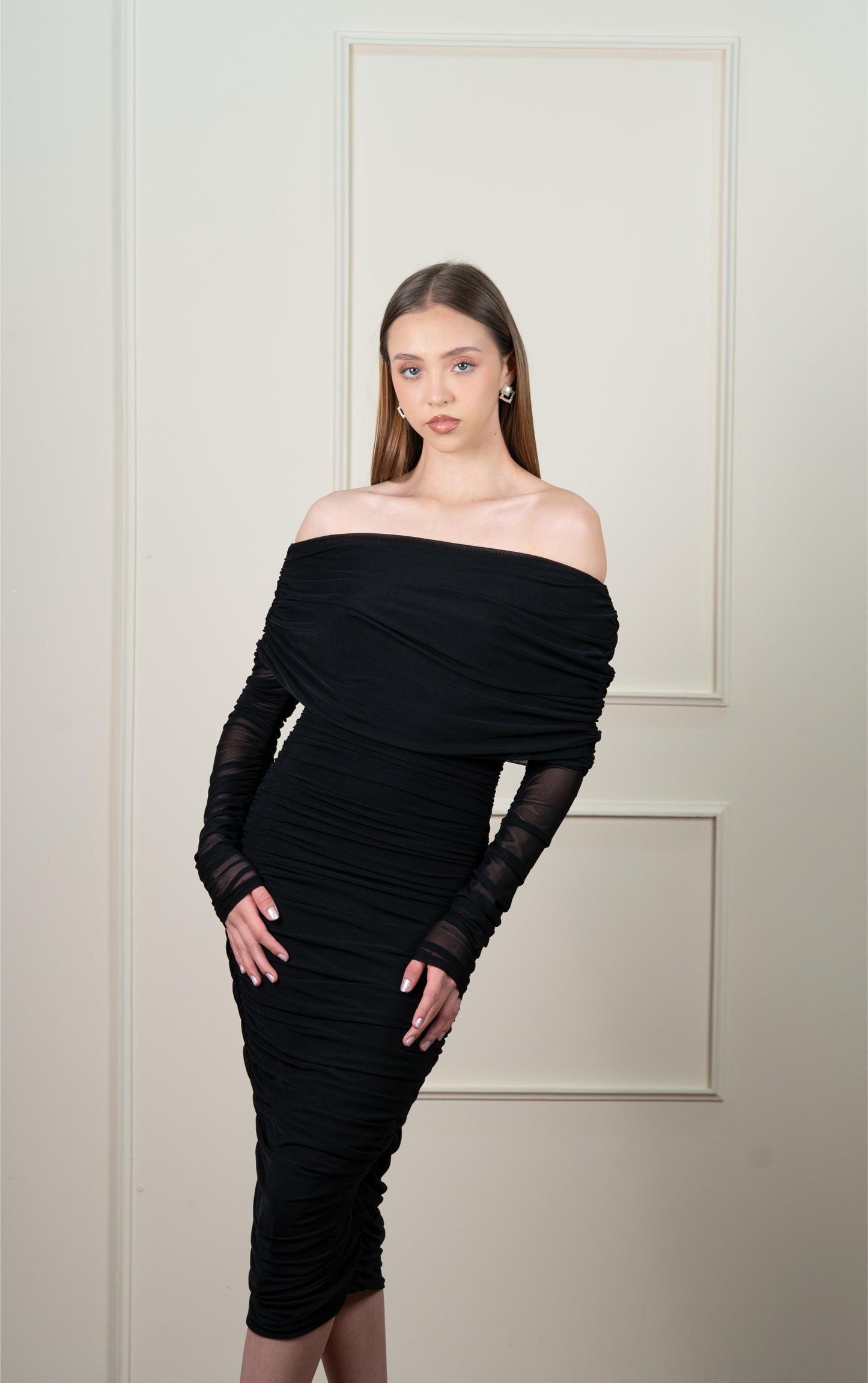 Vestido  Midi Corrugado Manga Larga Campesina