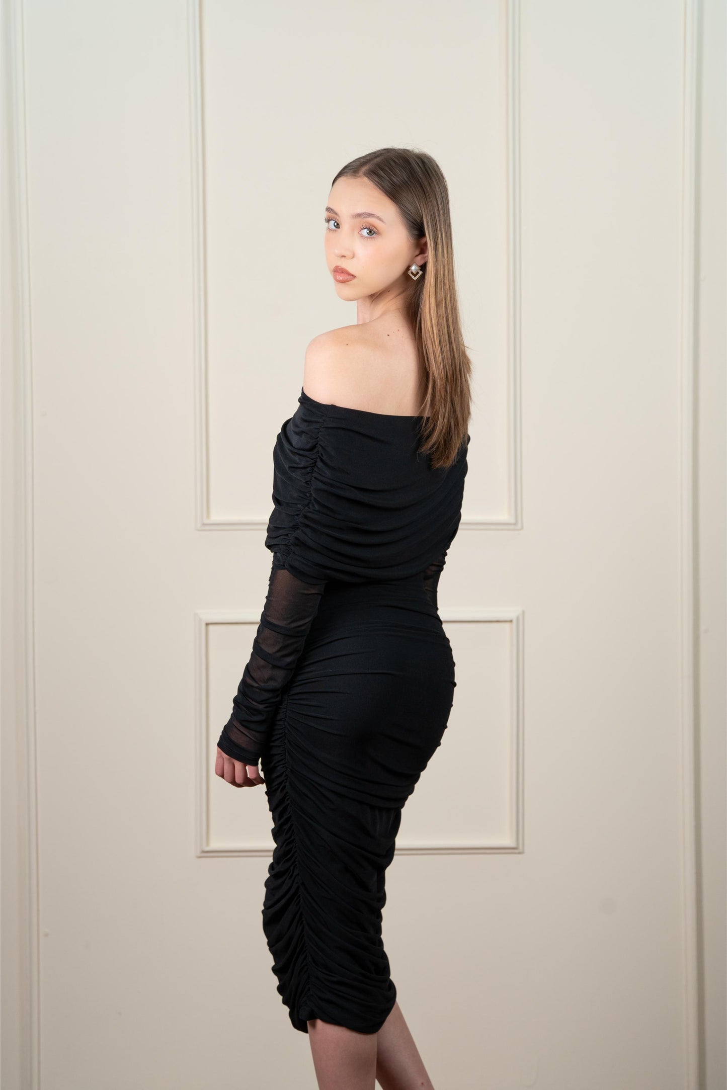 Vestido  Midi Corrugado Manga Larga Campesina