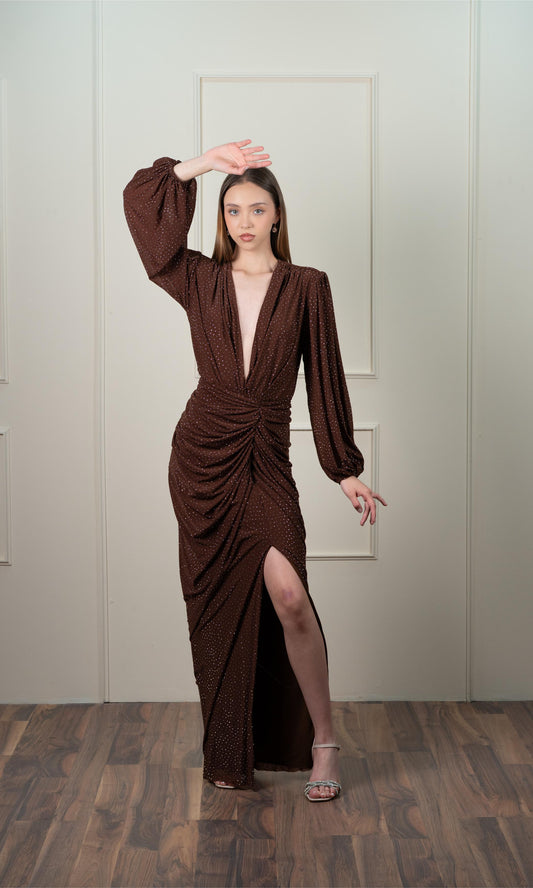 Vestido Con Brillos Manga Larga Corrugado En Cintura