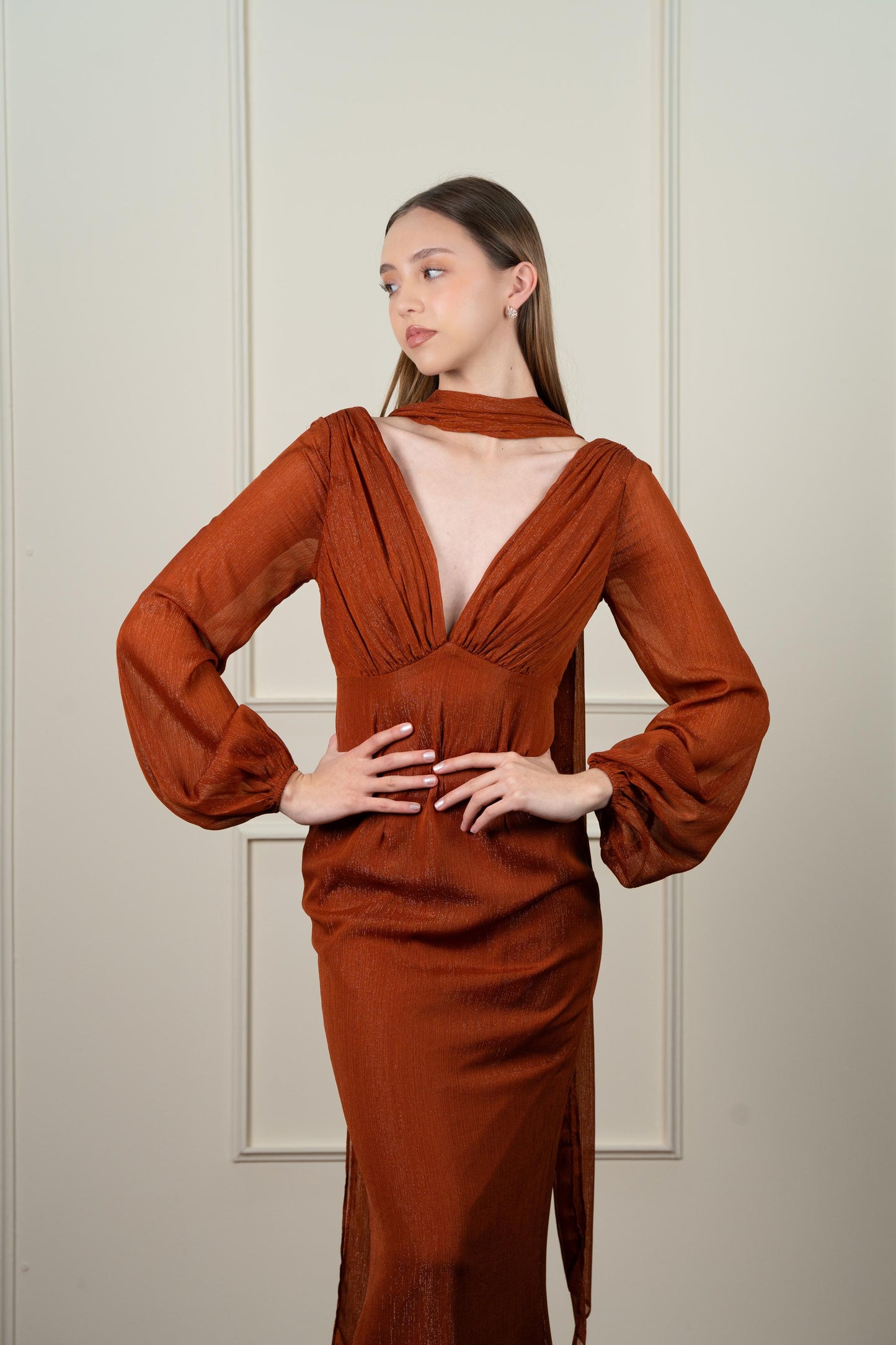 Vestido Terracota Corte A Manga Larga