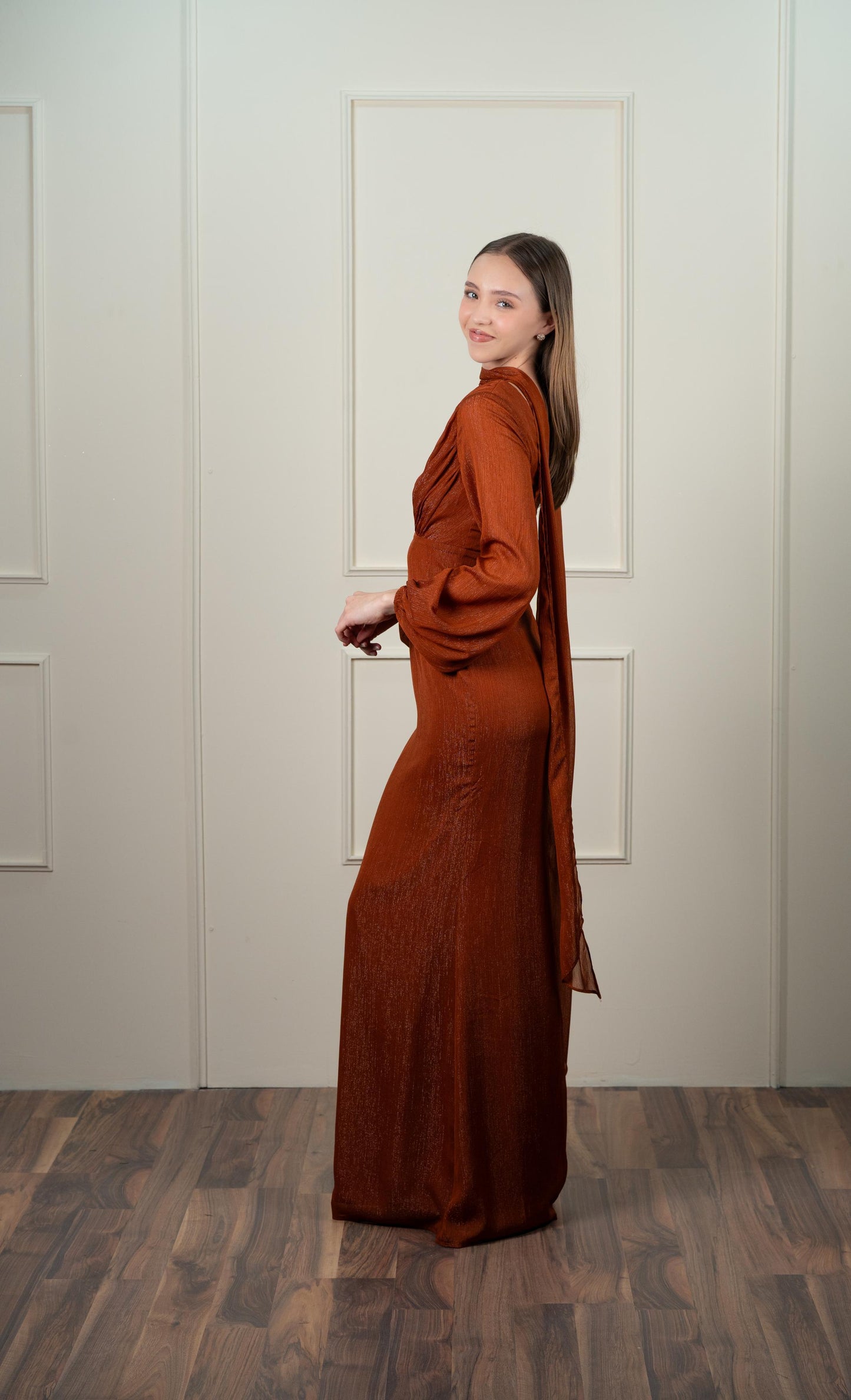 Vestido Terracota Corte A Manga Larga