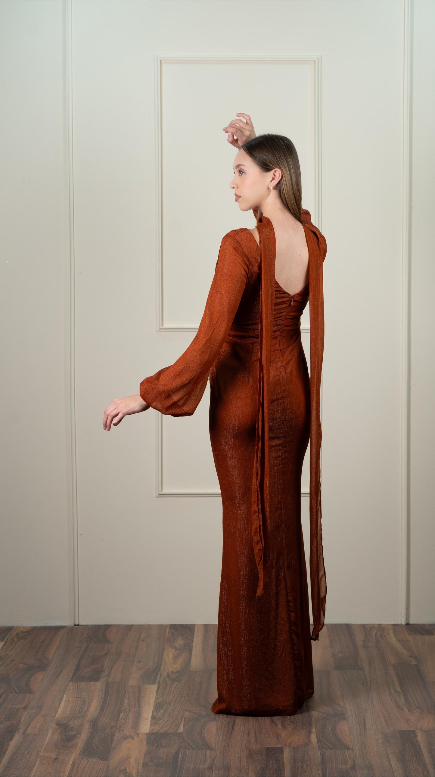 Vestido Terracota Corte A Manga Larga