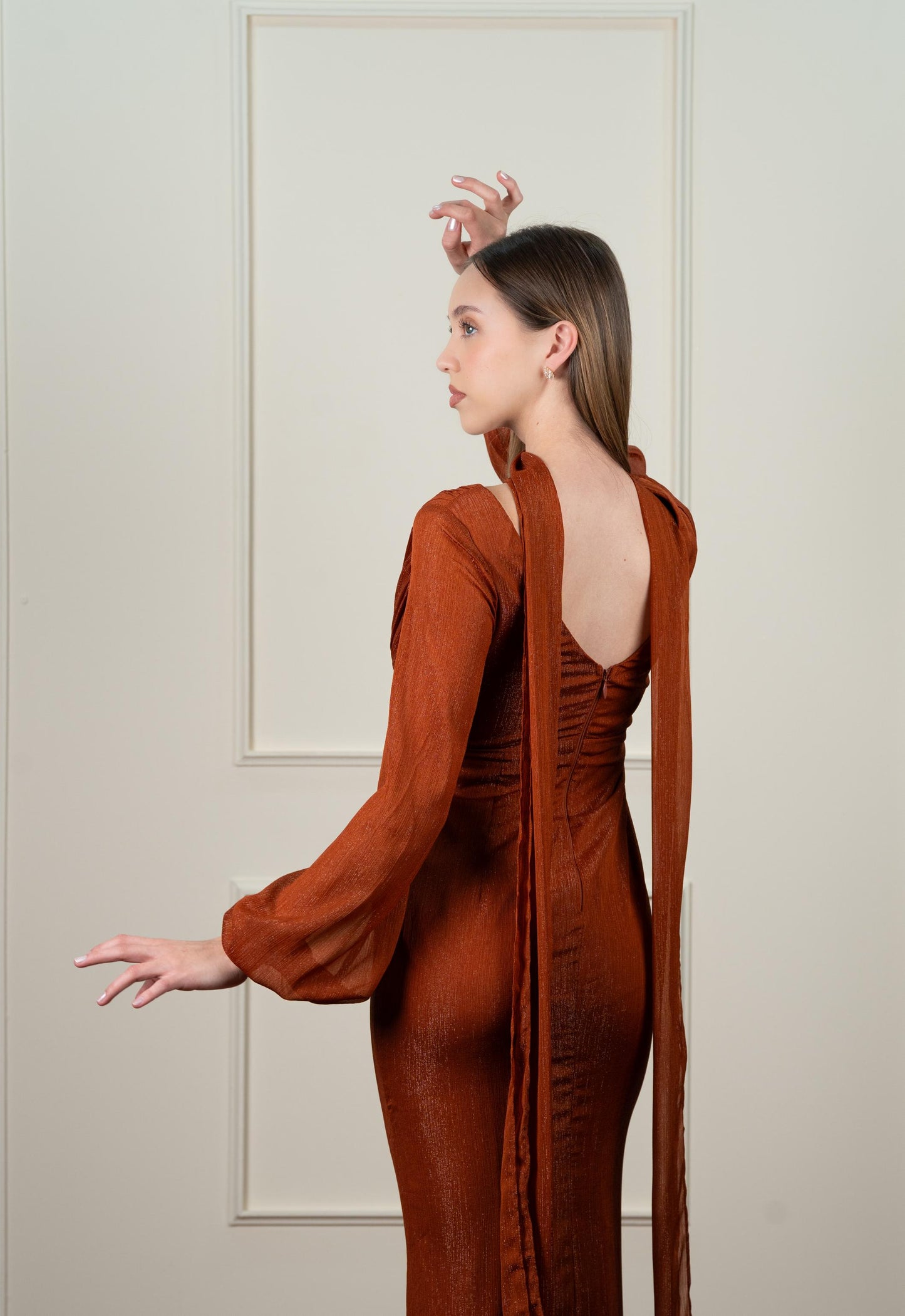 Vestido Terracota Corte A Manga Larga