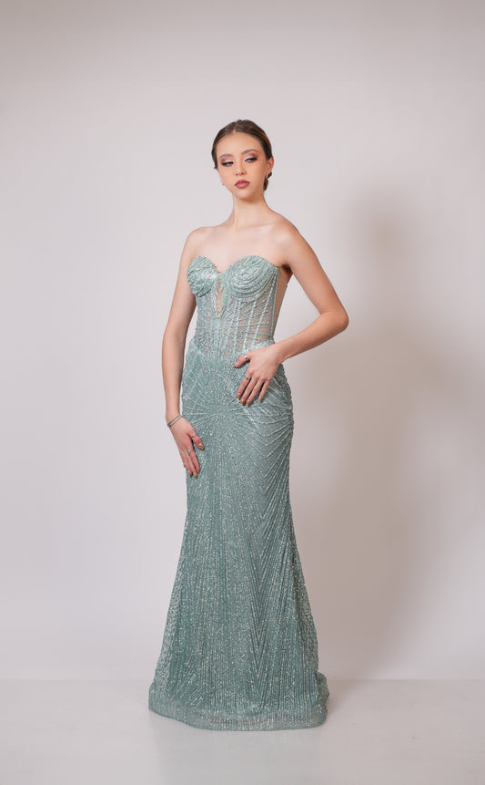 Vestido Verde Menta Straple Brilloso Cadenas en Copas