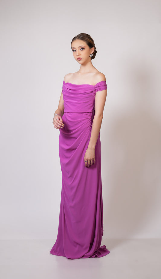 Vestido Rosa Magenta Corrugado con Estola