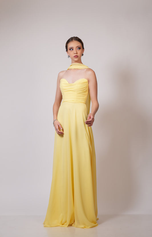 Vestido Amarillo Straple Corrugado Corte A