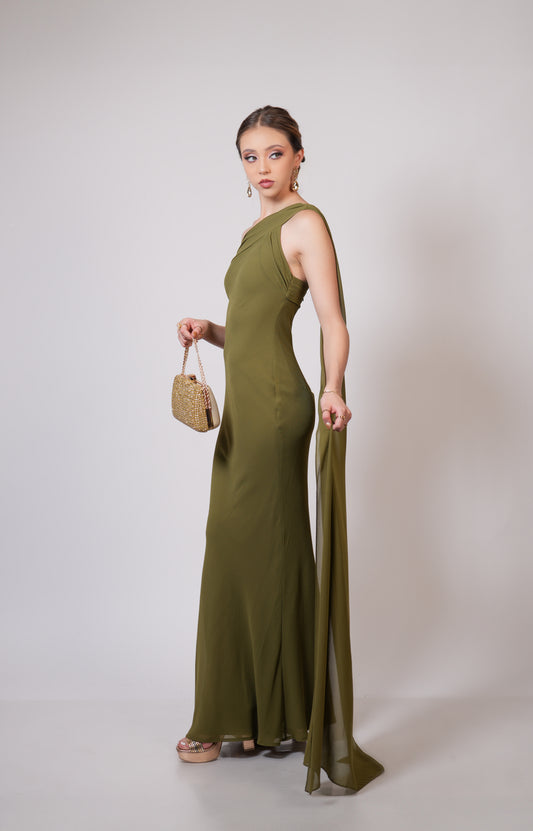 Vestido Verde Olivo un Tirante con Estola