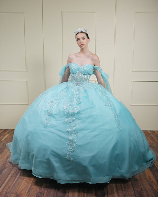 Vestido de XV Años Menta Bordado con Mangas de Moño (Renta)