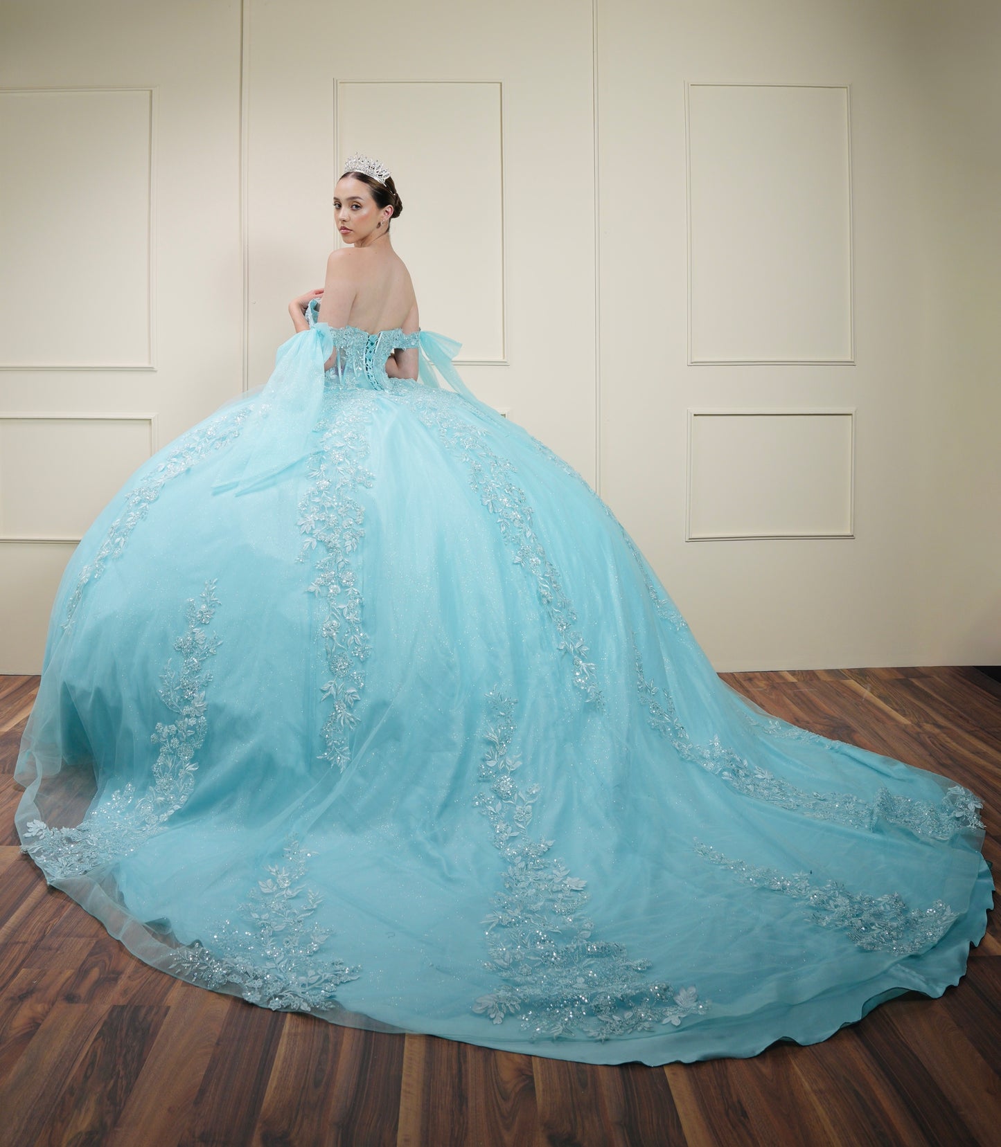 Vestido de XV Años Menta Bordado con Mangas de Moño