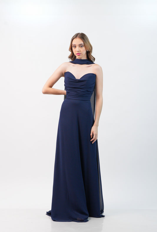 Vestido Azul Marino Corrugado Corte A