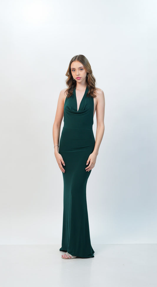 Vestido Verde Oscuro Espalda Descubierta Escote V