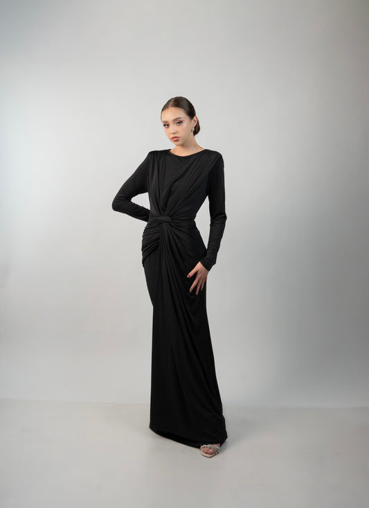 Vestido  Manga Larga Nudo Escote en Cintura