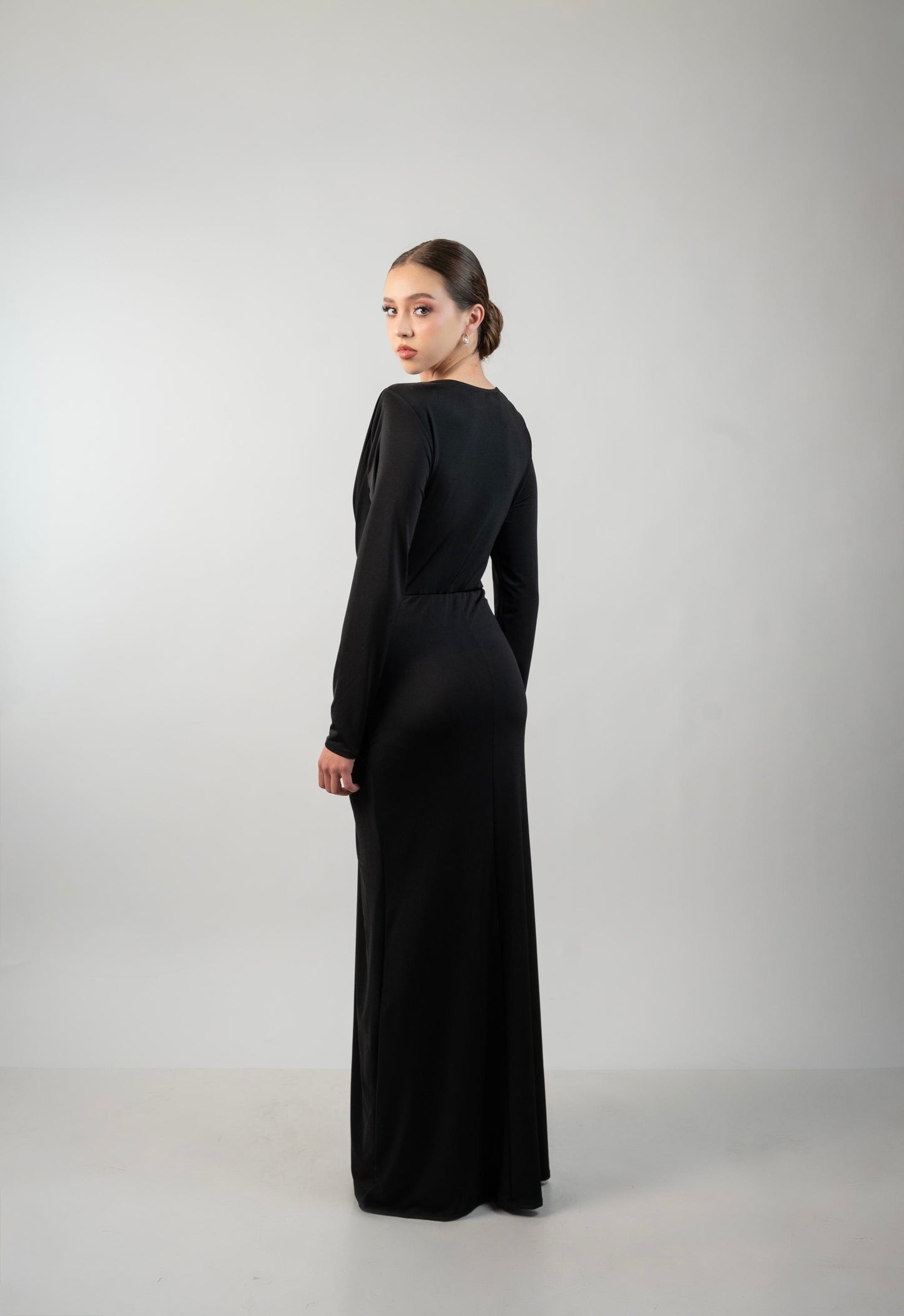 Vestido  Manga Larga Nudo Escote en Cintura