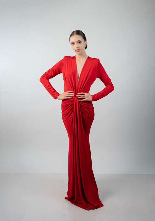 Vestido Rojo Manga Larga Corrugado en Cintura