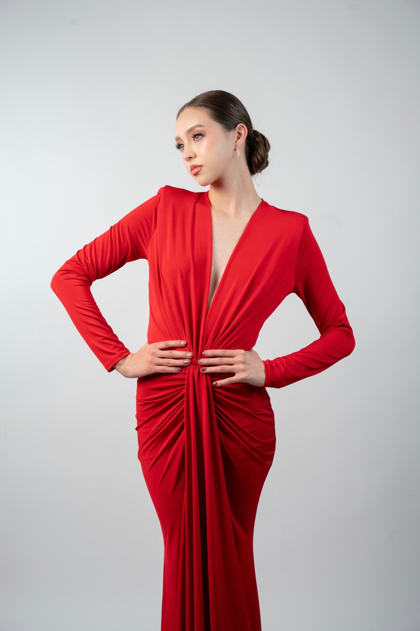 Vestido Rojo Manga Larga Corrugado en Cintura