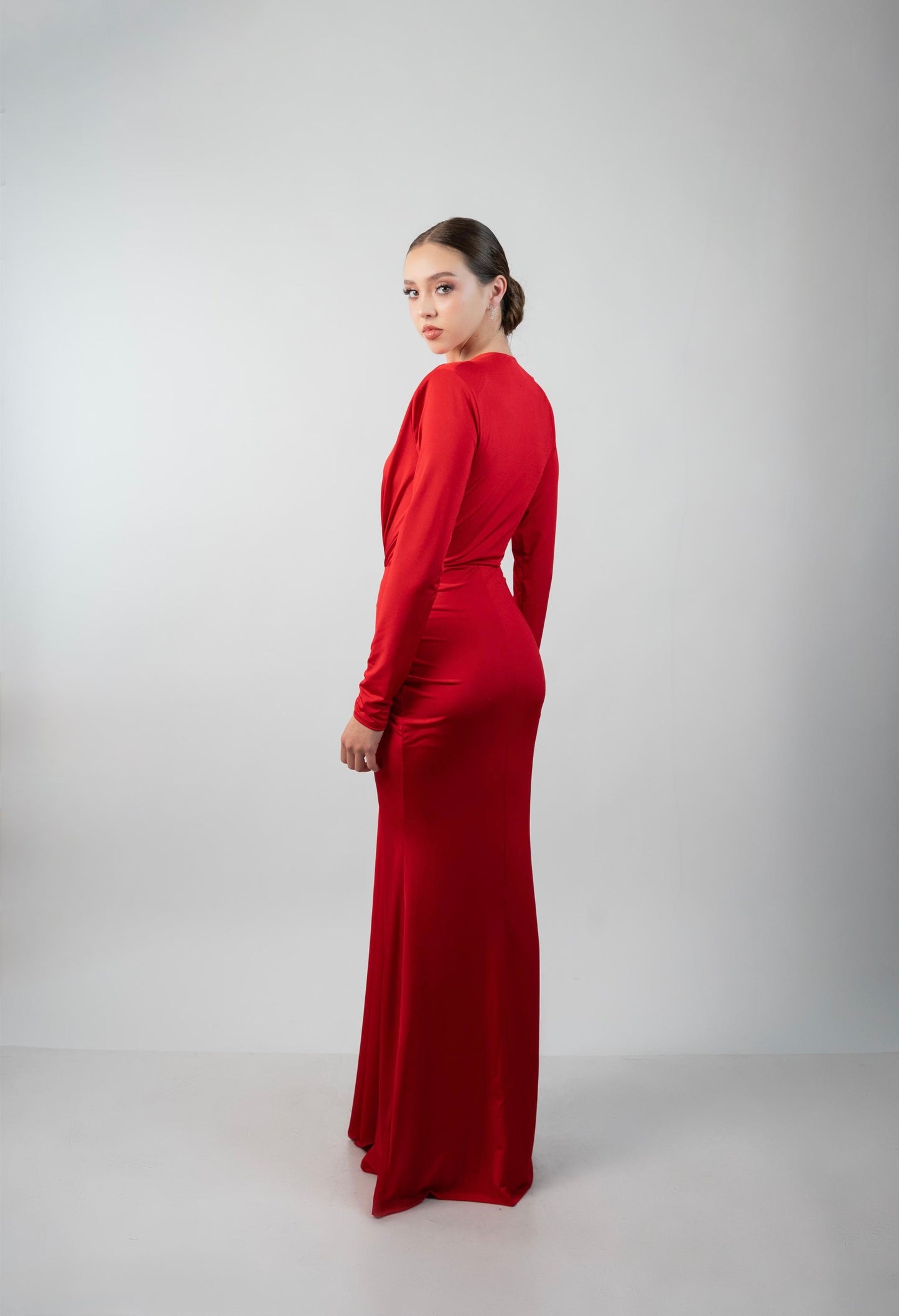 Vestido Rojo Manga Larga Corrugado en Cintura