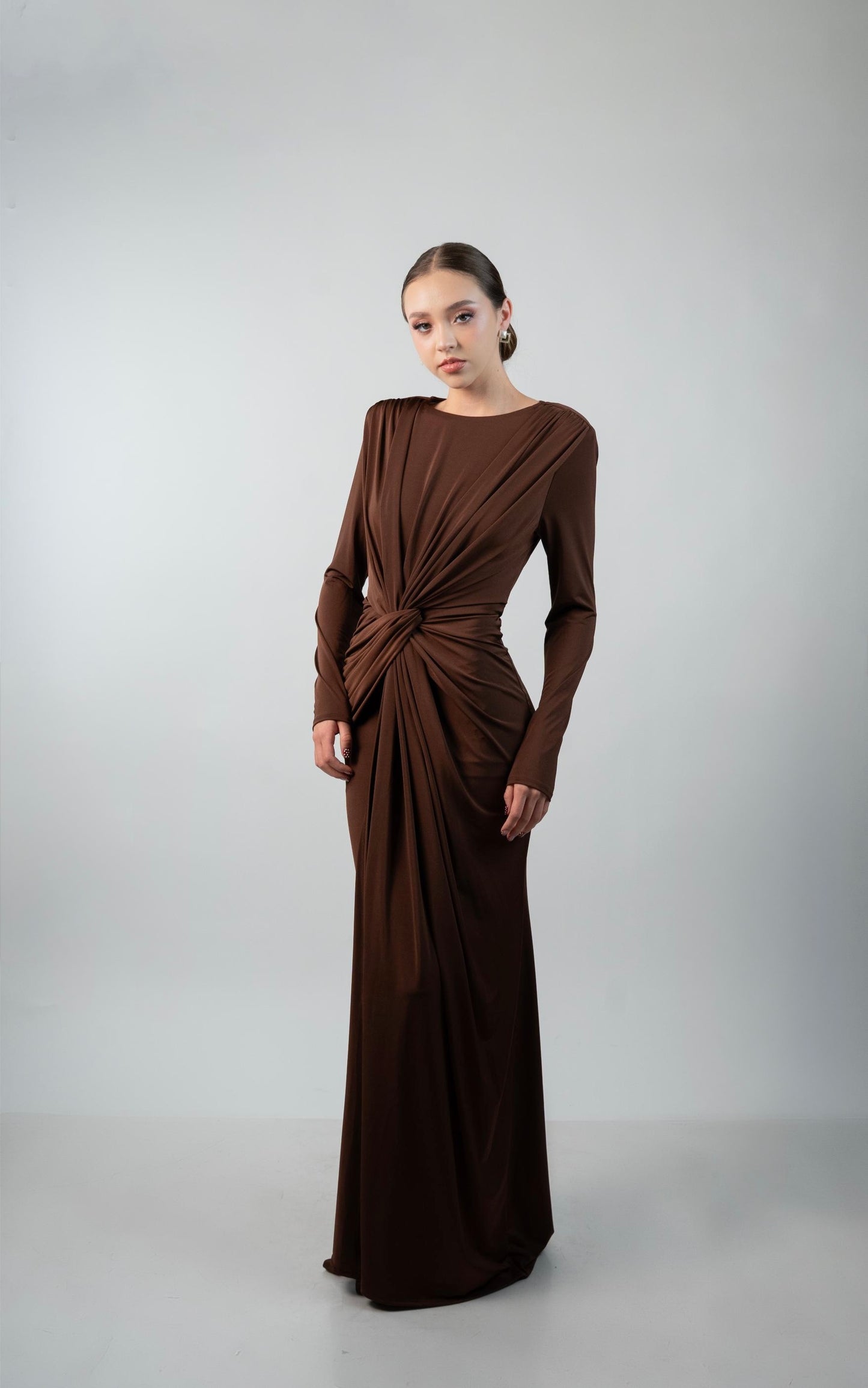 Vestido  Manga Larga Nudo Escote en Cintura