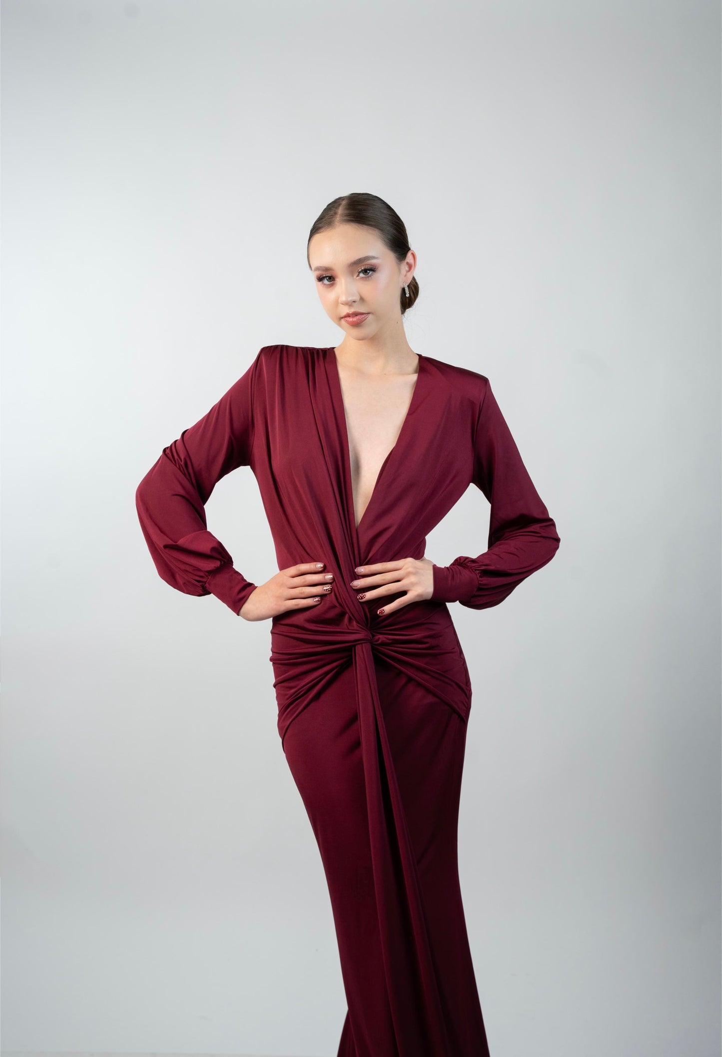 Vestido Vino Manga Larga Corrugado Banda en Medio