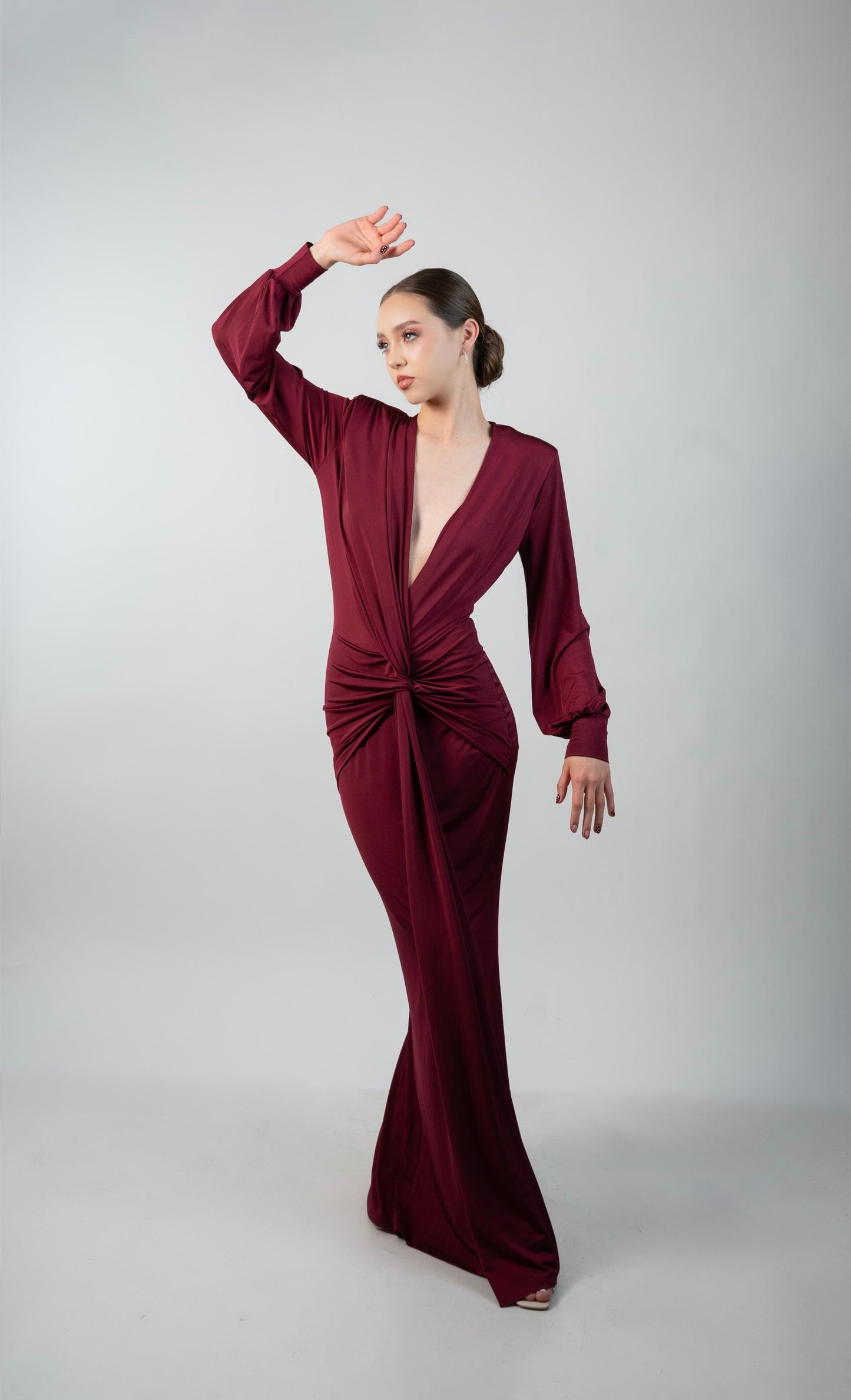 Vestido Vino Manga Larga Corrugado Banda en Medio