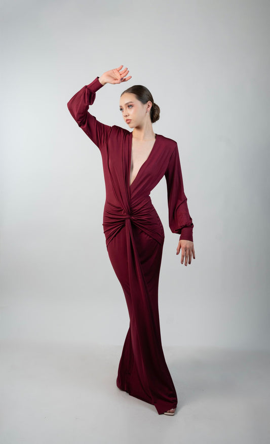 Vestido Vino Manga Larga Corrugado Banda en Medio