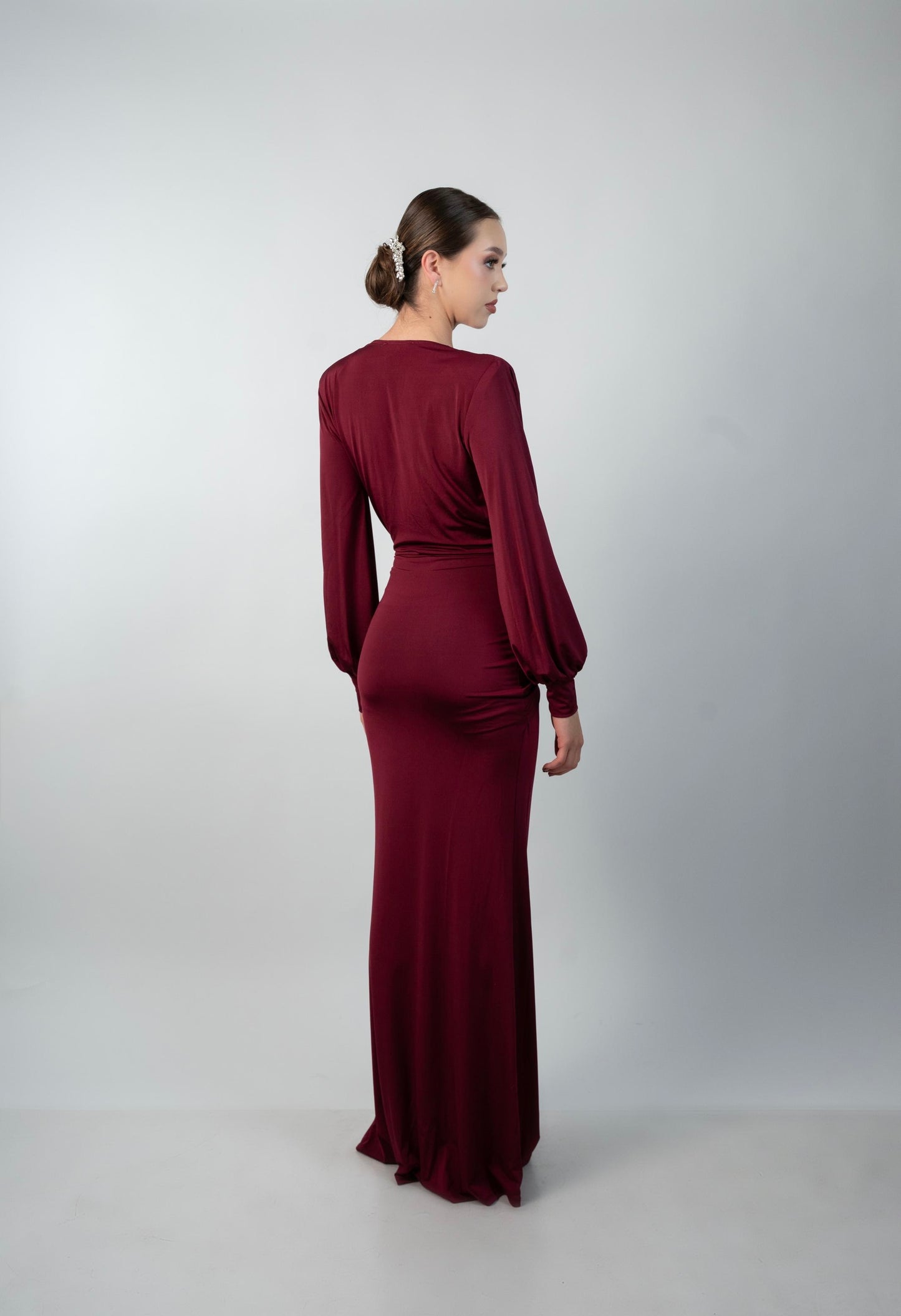 Vestido Vino Manga Larga Corrugado Banda en Medio