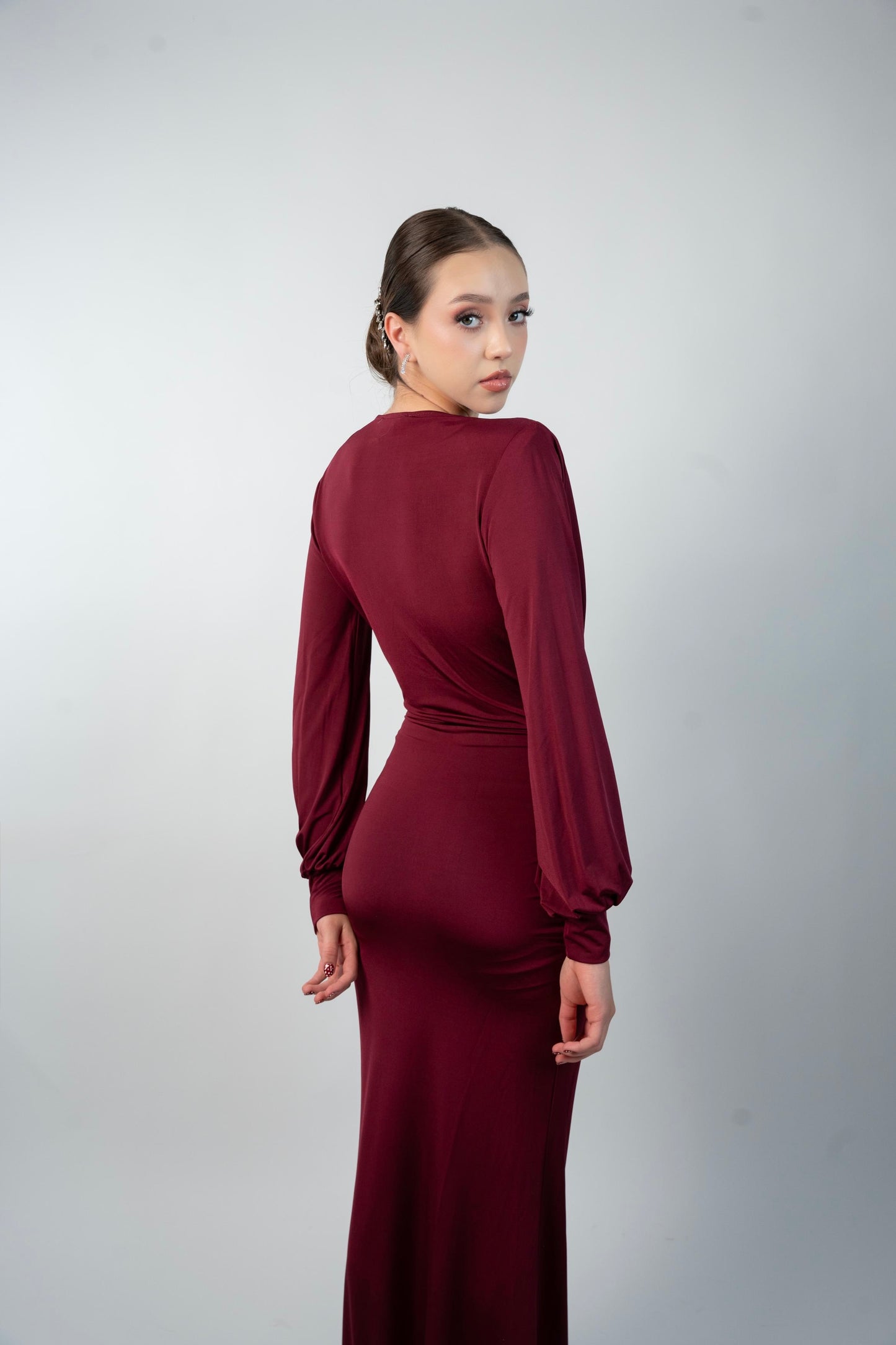 Vestido Vino Manga Larga Corrugado Banda en Medio