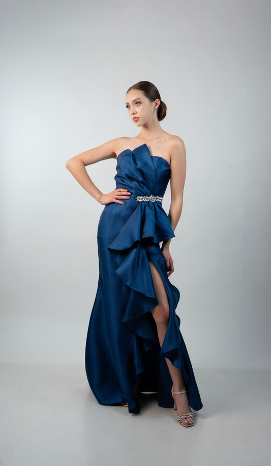 Vestido Azul Marino Straple Plizado Detalle Plateado