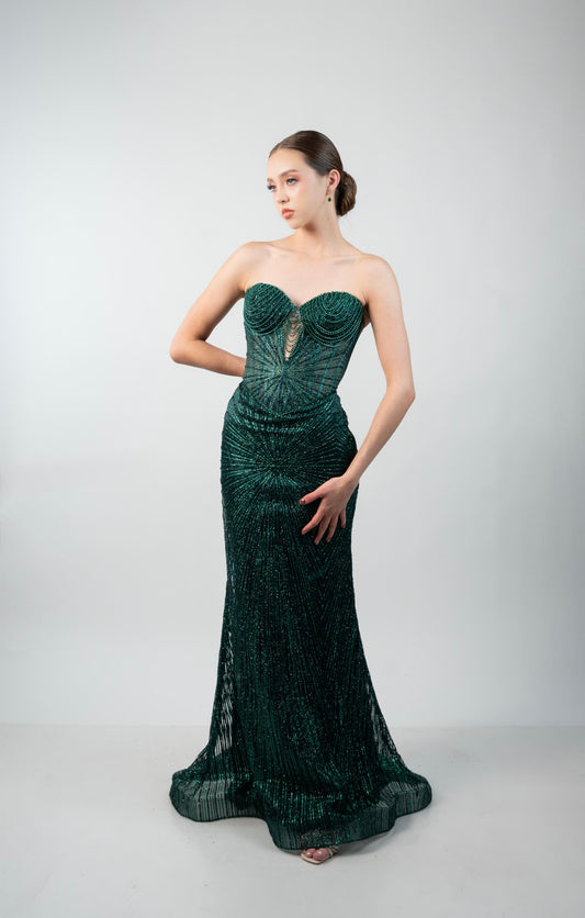 Vestido Verde Esmeralda Straple Brilloso Cadenas en Copas