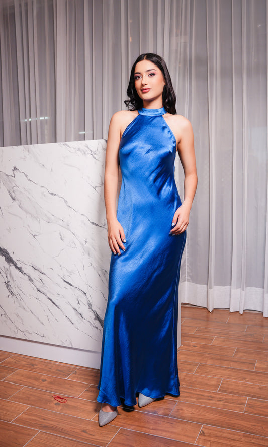 Vestido Azul Rey Cuello Halter Espalda Baja