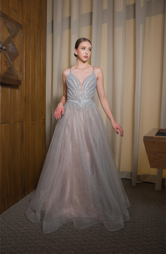 Vestido Nude Con Plateado Perlas En Corset Corte Princesa