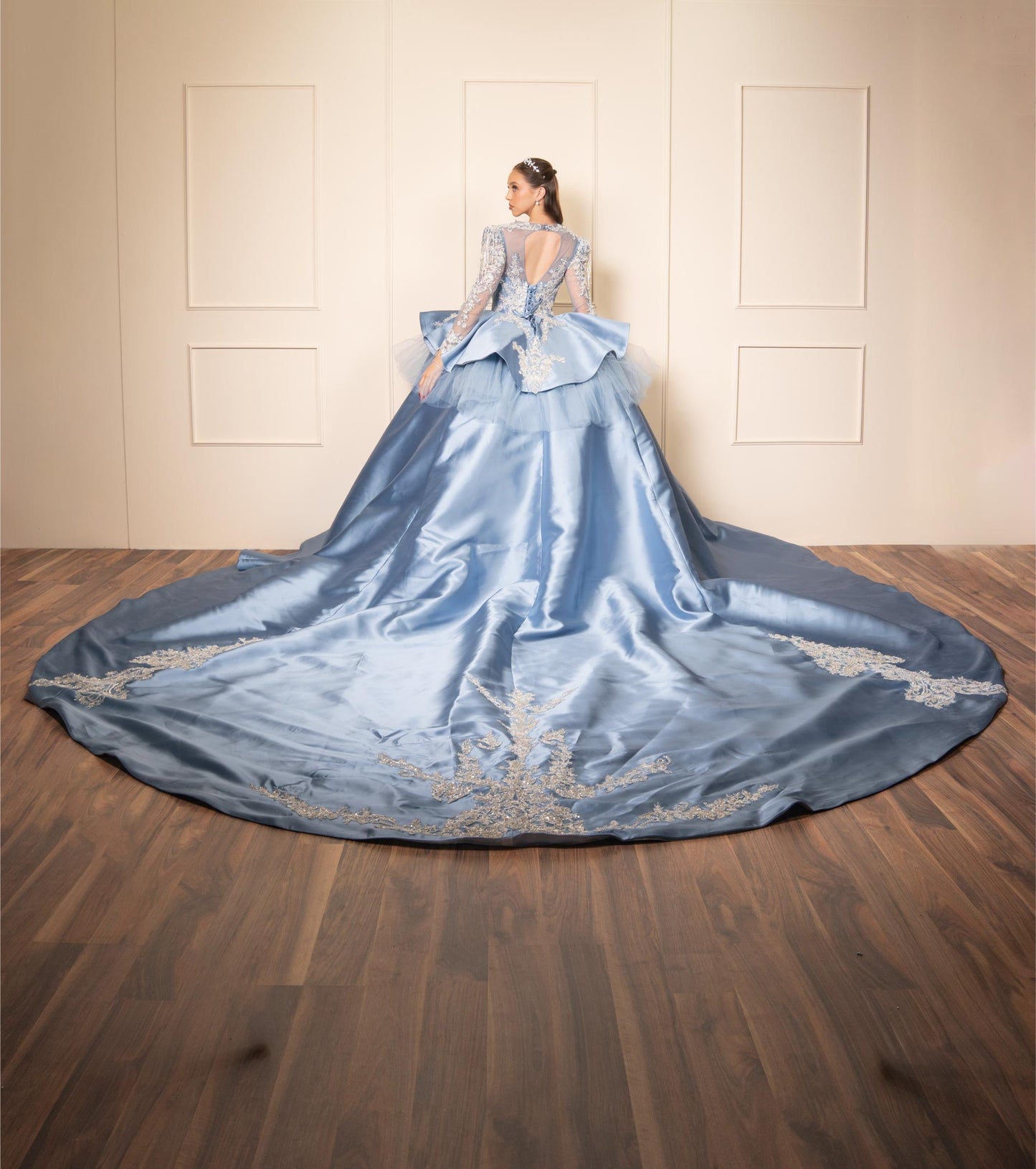 Vestido de XV Años Azul Gris de Manga Larga con Cauda y Espalda Descubierta