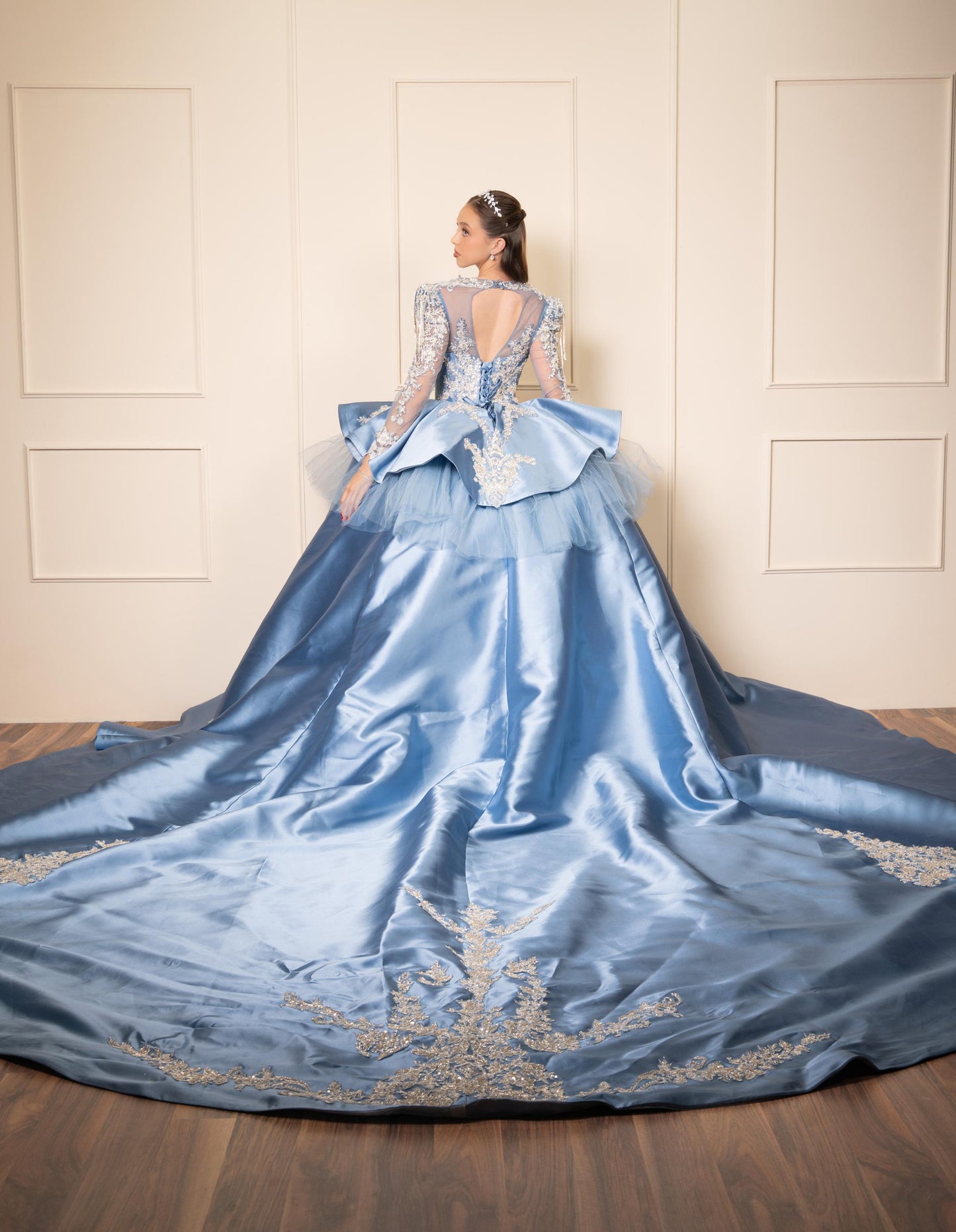 Vestido de XV Años Azul Gris de Manga Larga con Cauda y Espalda Descubierta