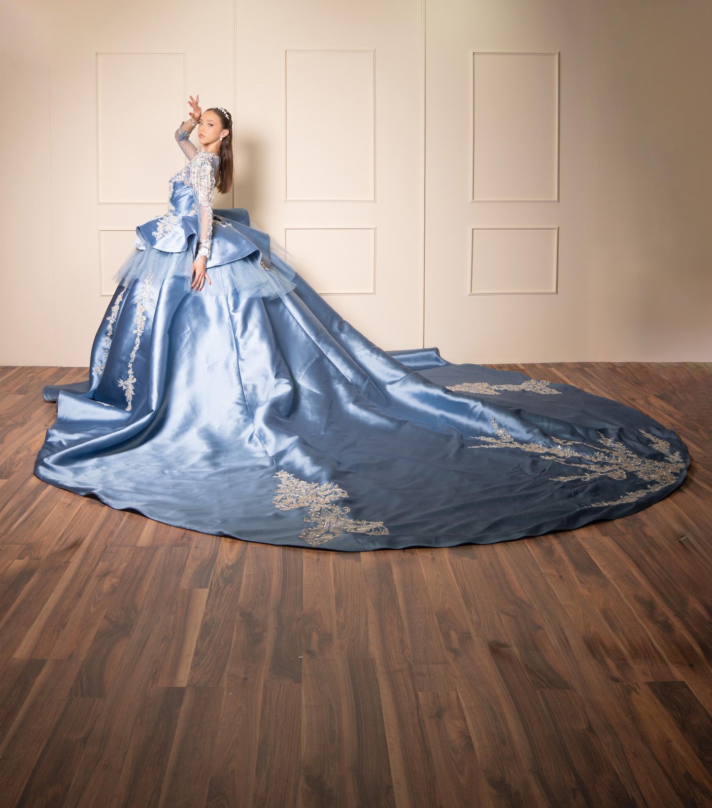 Vestido de XV Años Azul Gris de Manga Larga con Cauda y Espalda Descubierta